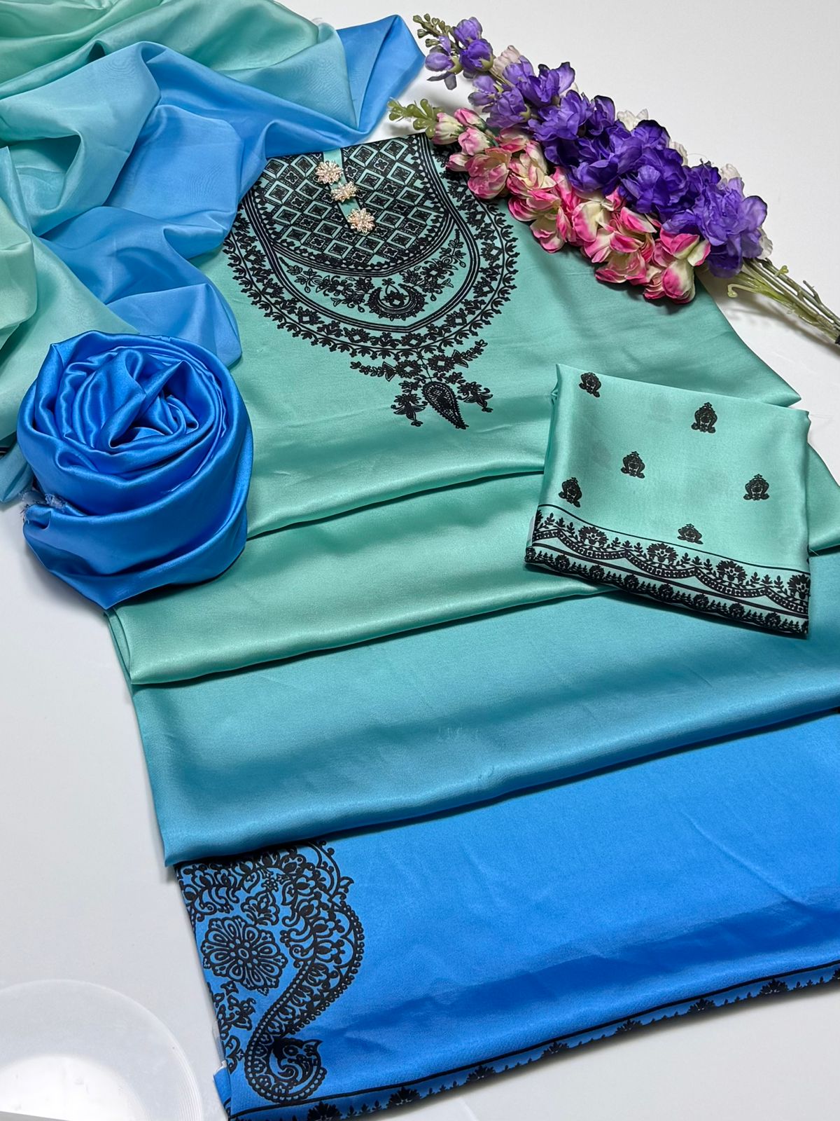 Mint Cascade -  3pc Unstitch Embroidered and Printed Silk