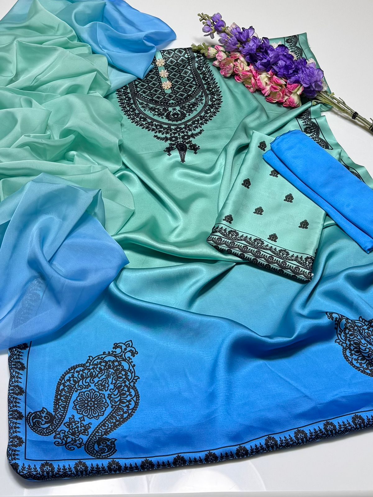 Mint Cascade -  3pc Unstitch Embroidered and Printed Silk