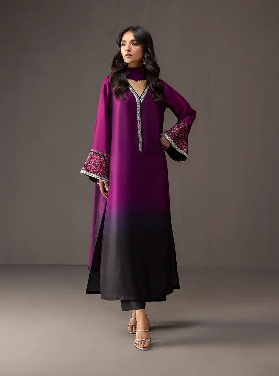 Plum Dusk - 3pc Unstitch Embroidered and Printed Silk