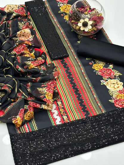 Multi Digital Printed Silk 3pc Unstitch