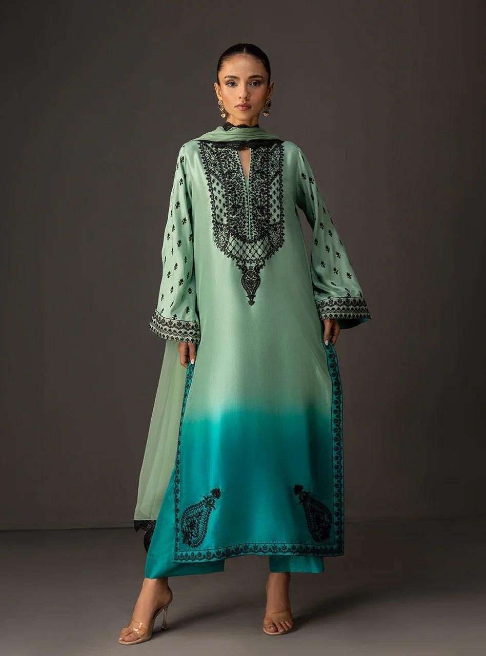 Mint Cascade -  3pc Unstitch Embroidered and Printed Silk