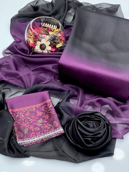 Plum Dusk - 3pc Unstitch Embroidered and Printed Silk