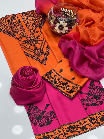 Sunset Sorbet - 3pc Unstitch Embroidered and Printed Silk