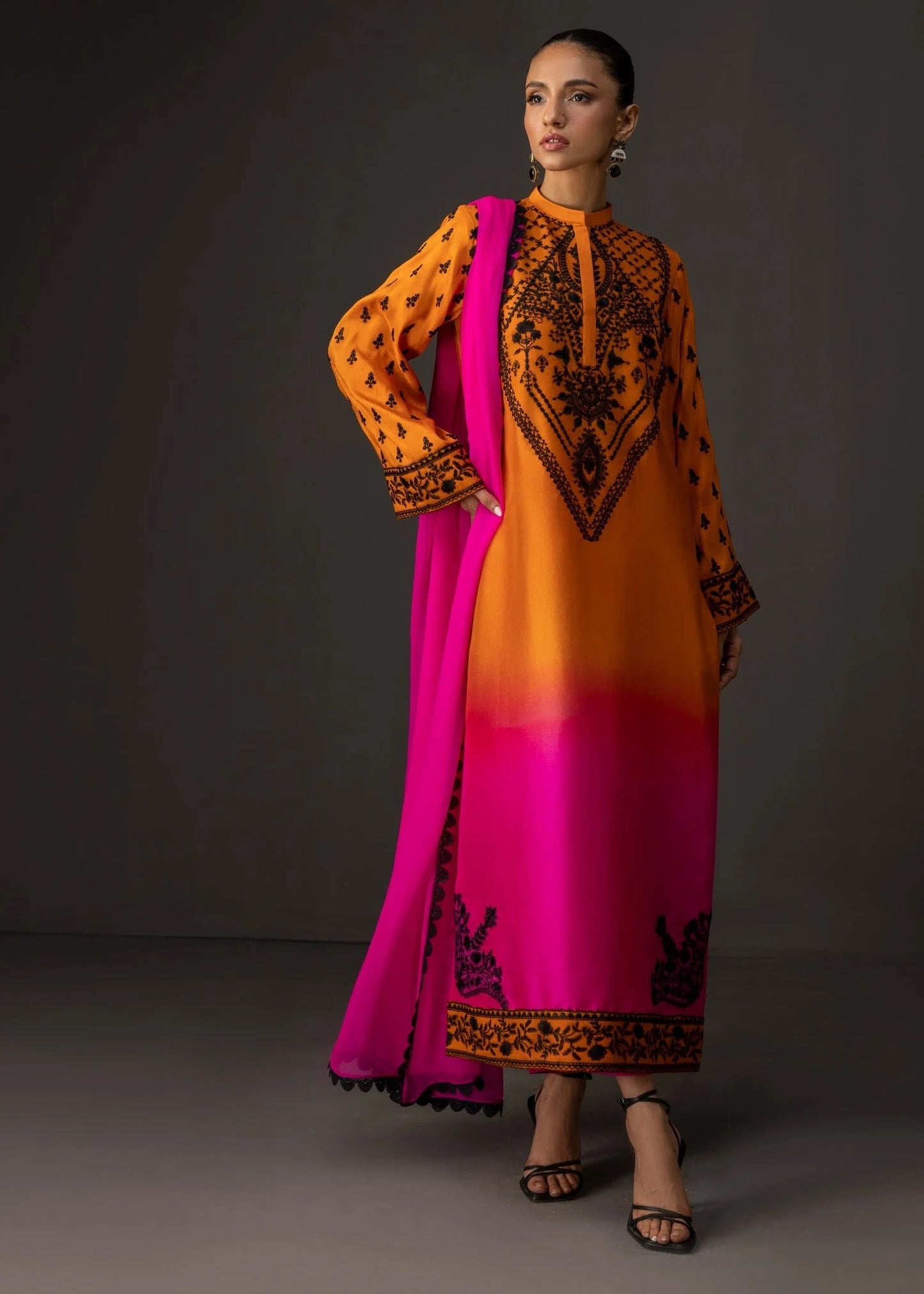 Sunset Sorbet - 3pc Unstitch Embroidered and Printed Silk