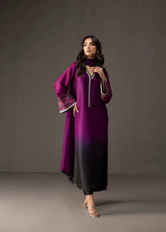 Plum Dusk - 3pc Unstitch Embroidered and Printed Silk
