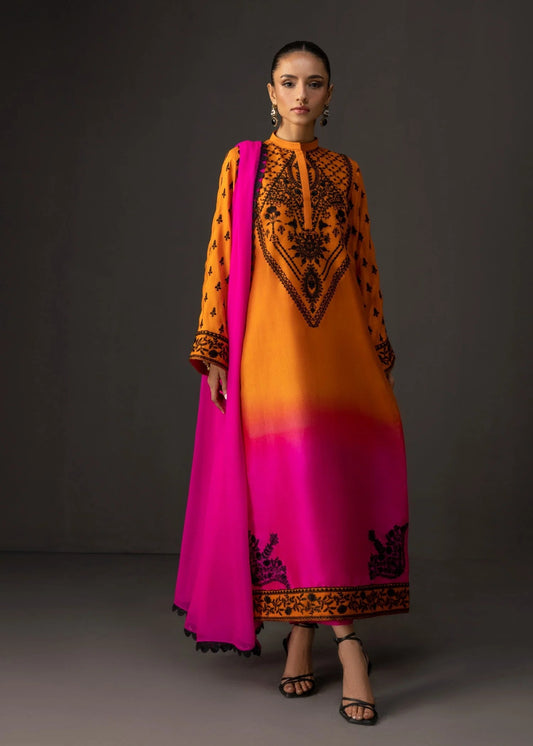 Sunset Sorbet - 3pc Unstitch Embroidered and Printed Silk